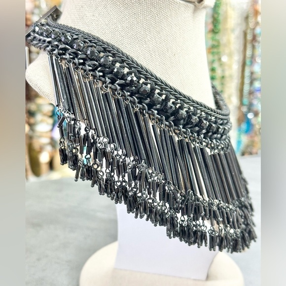 Vintage Zara Metal Fringe Black Glass Bead Chocker Necklace - Picture 3 of 5